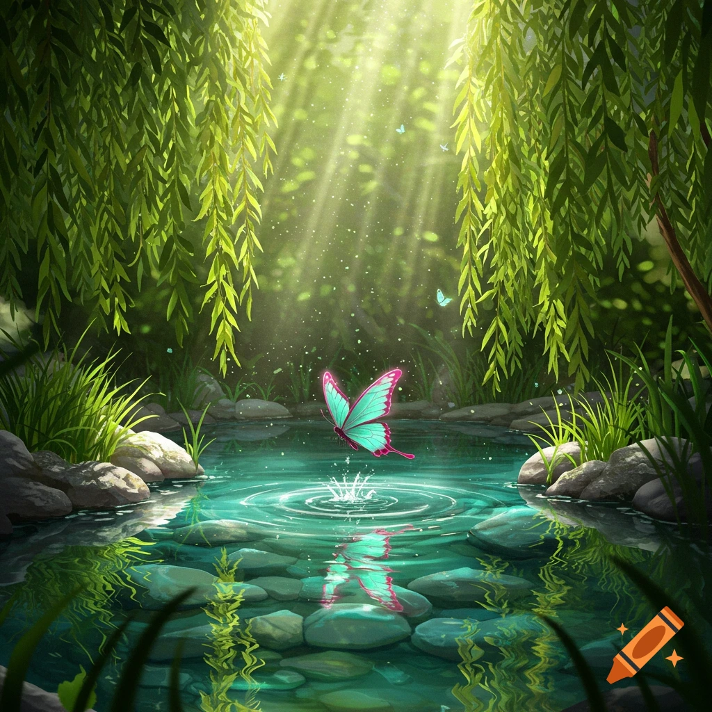 A vibrant teal and pink butterfly hovers over a sparkling pool in a lush, sunlit fantasy forest, creating ripples.