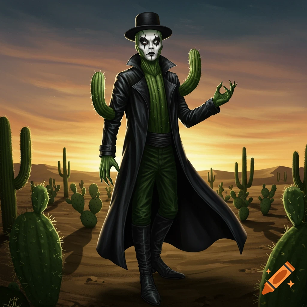 A stylized cactus man with white goth makeup, a bowler hat, and a black trench coat stands in a desert filled with cacti at sunset.
