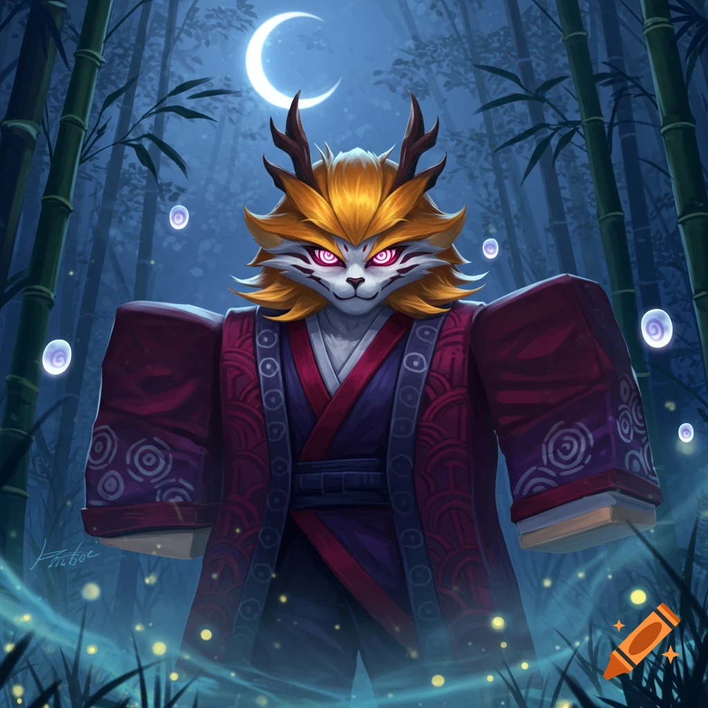 A stylized anthropomorphic cat-like creature with horns and golden hair wears a red and blue robe in a dark bamboo forest under a crescent moon with glowing orbs.