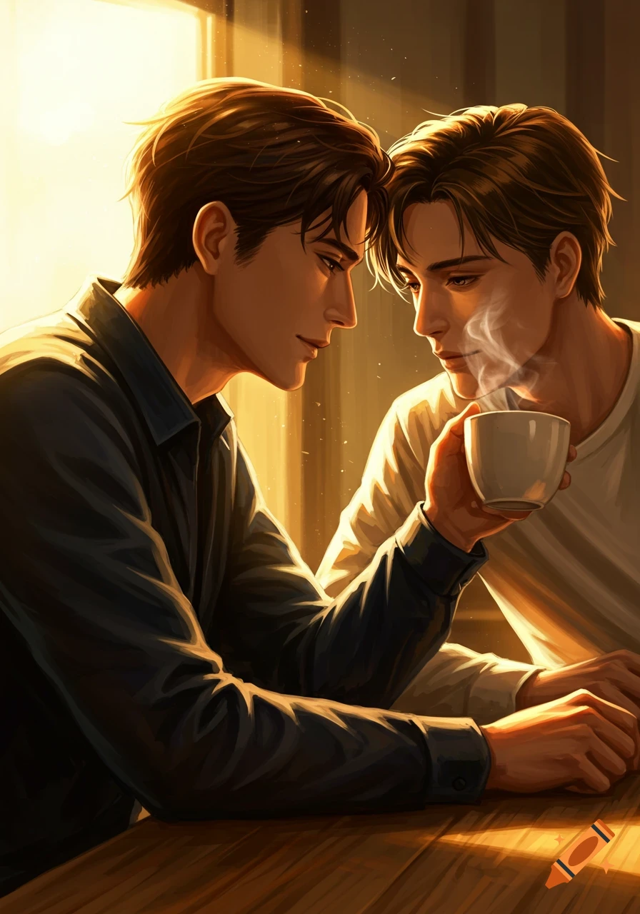 Two men gaze into each other's eyes over a steaming coffee cup in a warm digital painting.