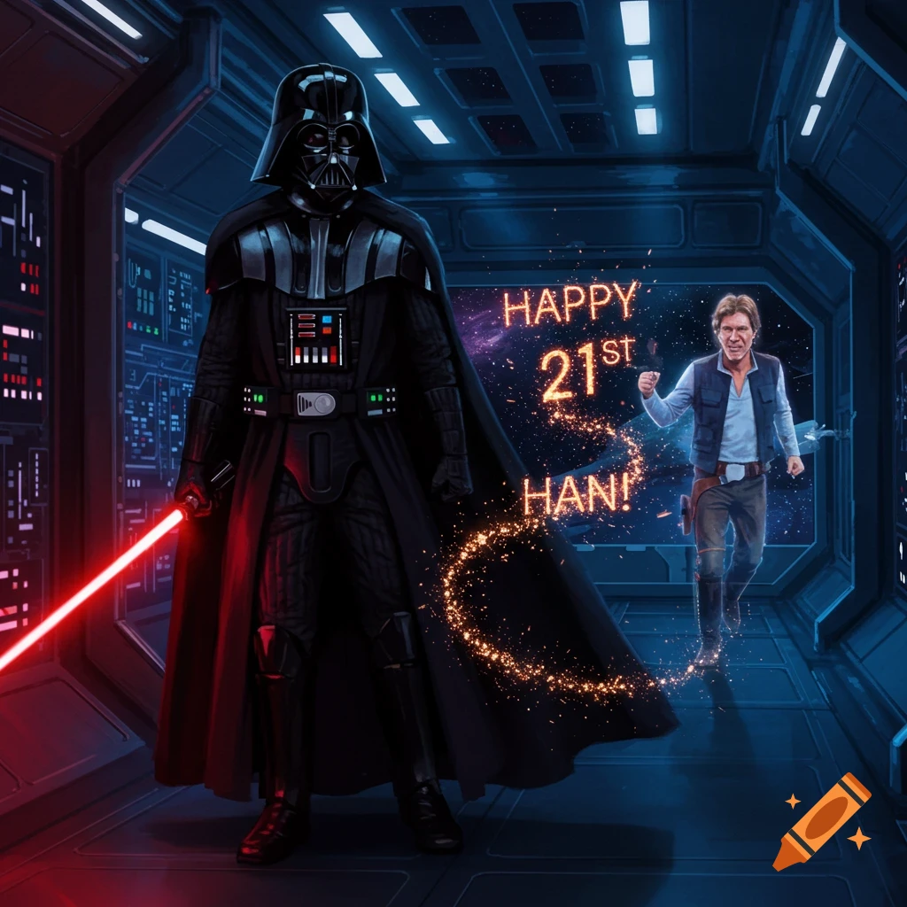 Illustrated Darth Vader holding a red lightsaber and Han Solo in a spaceship corridor with sparkling text 'HAPPY 21st HAN!'