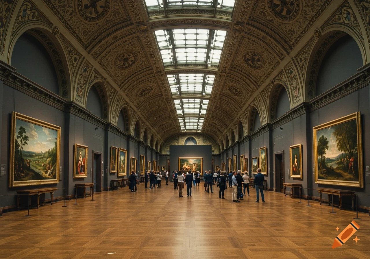 A photorealistic image of a grand museum hall with ornate arched ceilings, wooden floors, and numerous paintings. A crowd of visitors views the artwork.