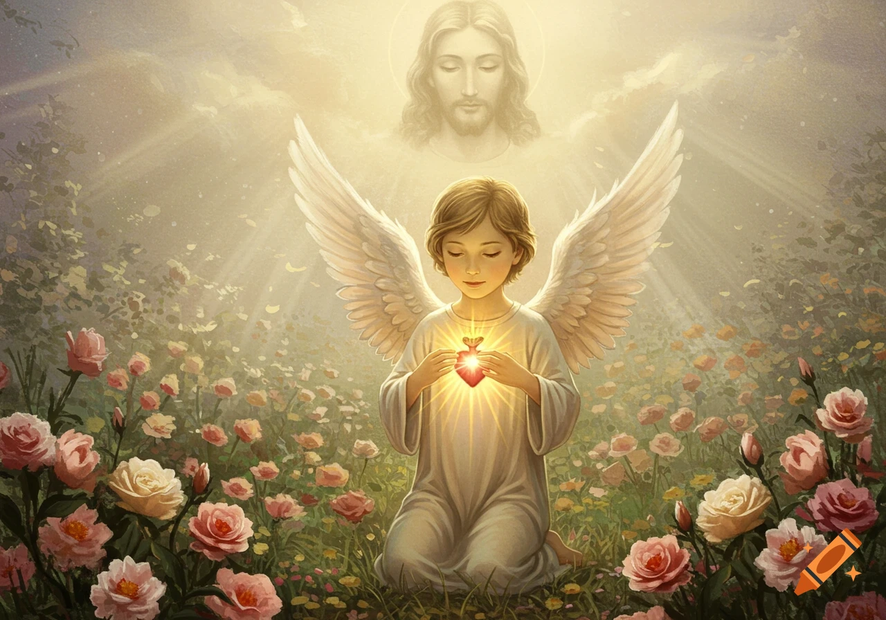 A winged angel kneels in a field of roses, holding a glowing heart, with Jesus's face in the radiant sky above.