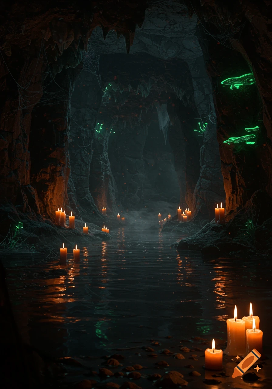 A dark, mysterious cave with a stream of water, lit by many glowing candles and green luminescent shapes on the walls.
