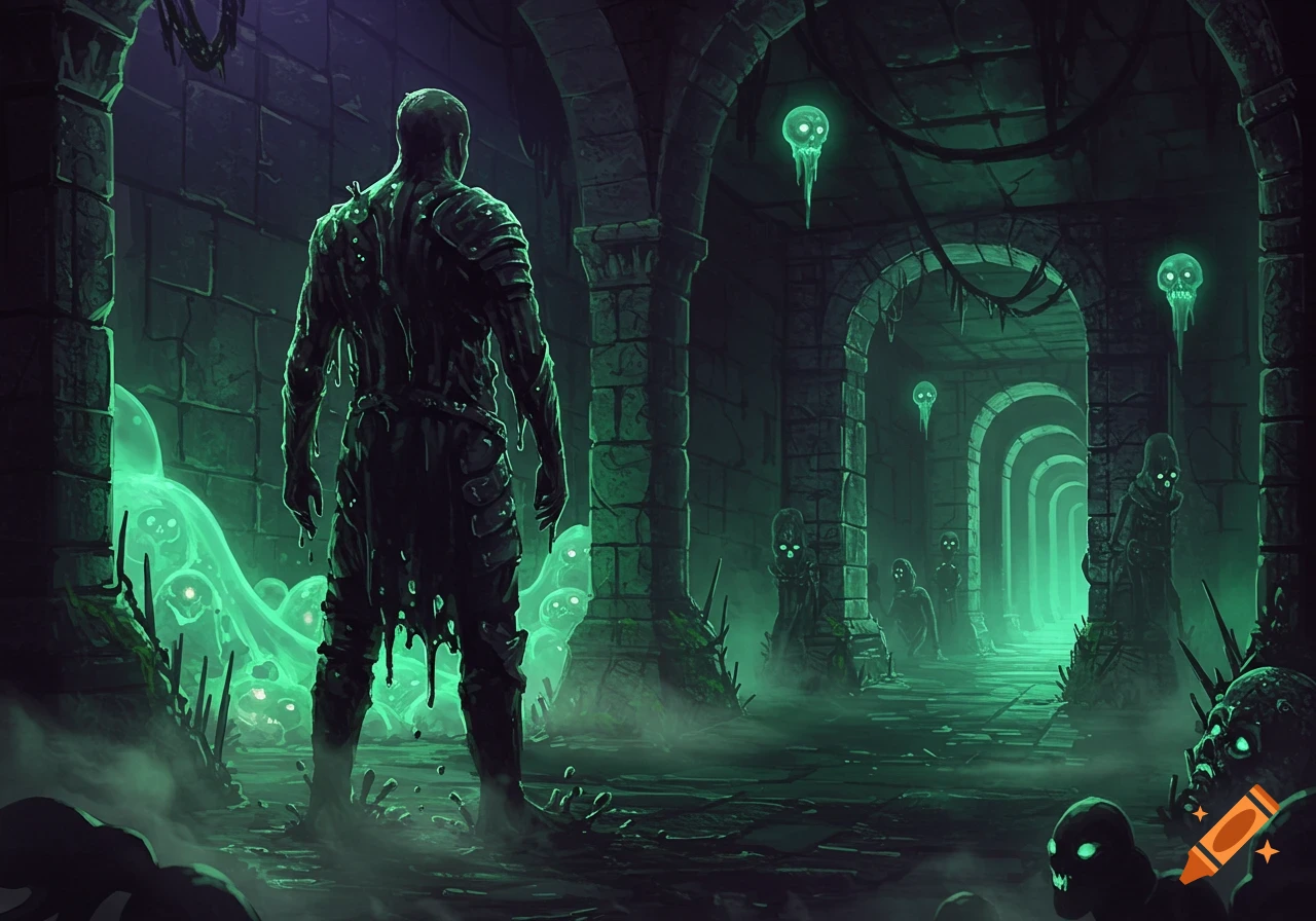 A sludge-covered figure stands in a dark, glowing green dungeon hallway filled with ghost-like creatures.