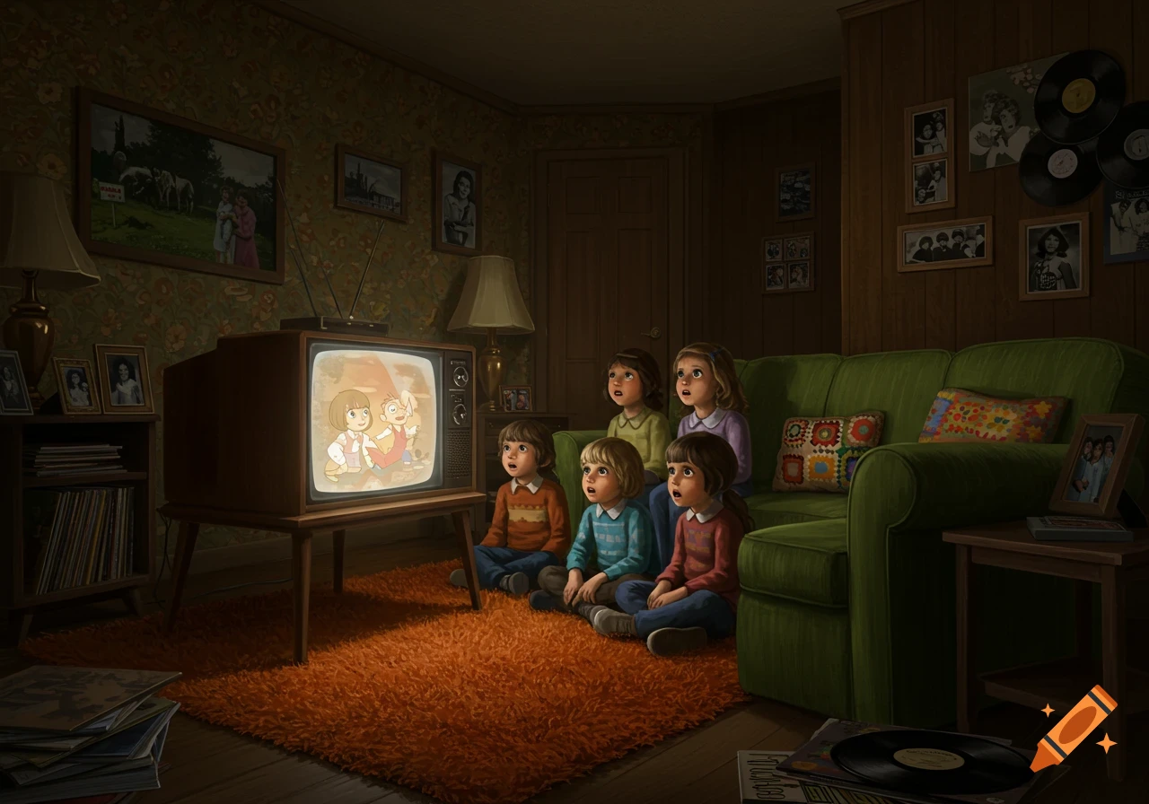 Five young children sit on a shag carpet, intently watching a cartoon on a vintage 1970s television in a dimly lit living room.