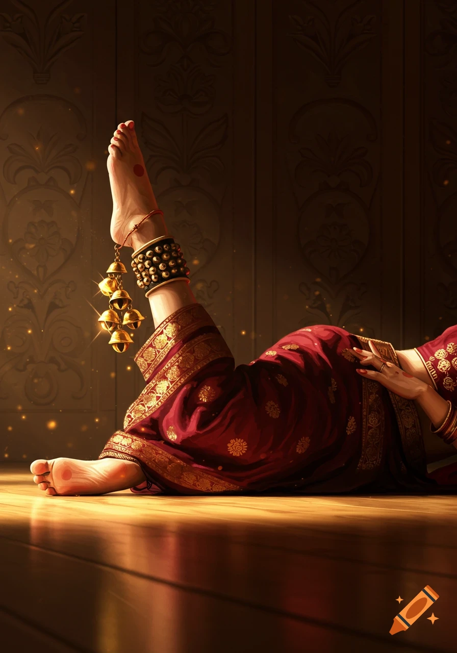 Photorealistic Kathak dancer in a red sari and ghungroos, lying on a wooden floor with one leg raised.