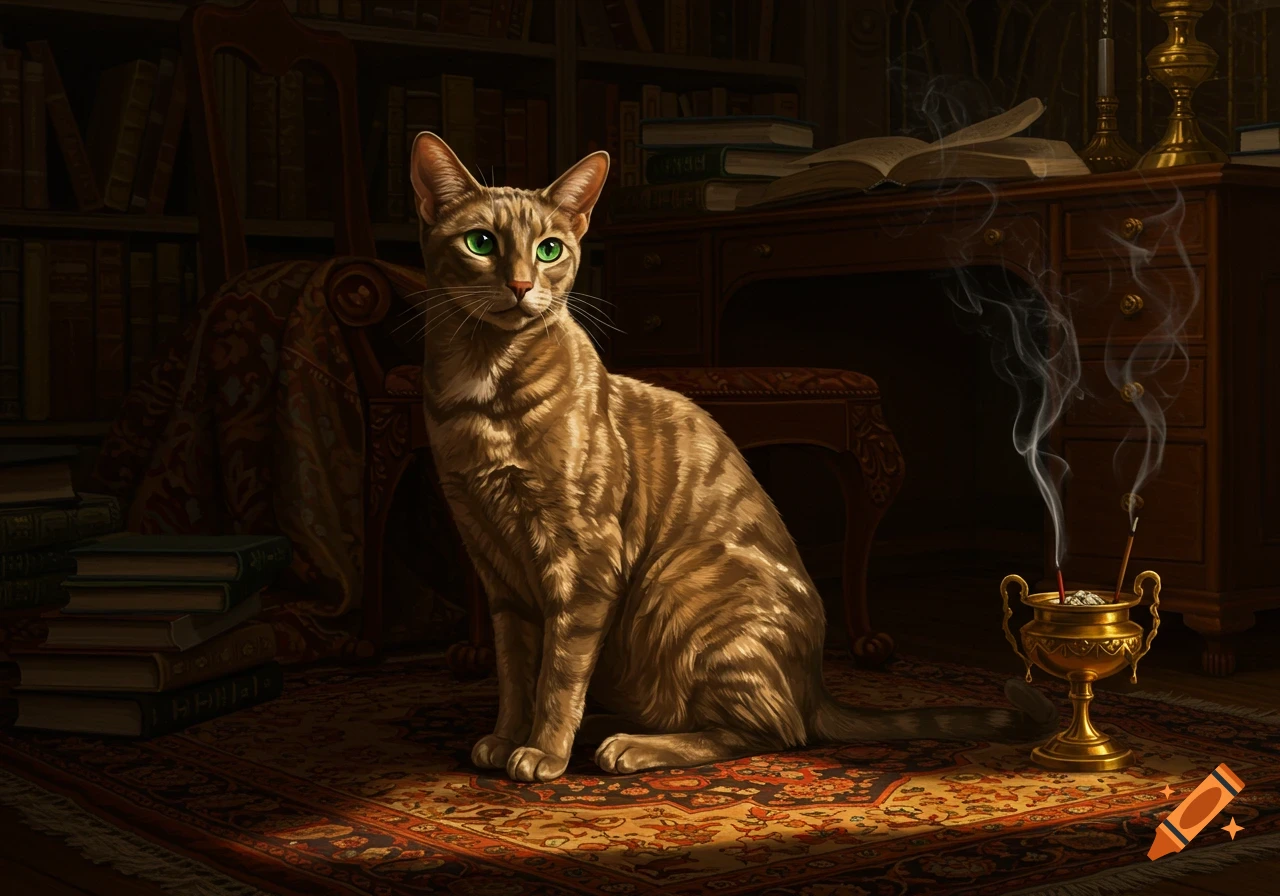 A detailed tabby cat with bright green eyes sits on an ornate rug in a dimly lit library, near books and smoking incense.