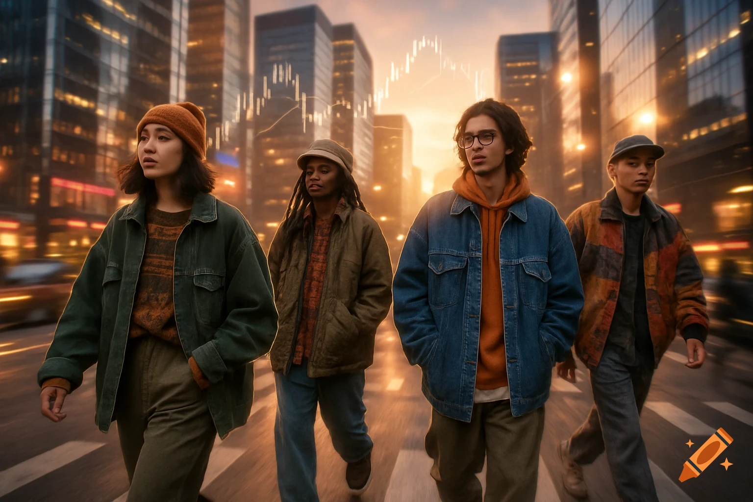Four young, stylish people in streetwear walk down a city street at sunset, with skyscrapers and faint trade line graphs in the sky, photorealistic.