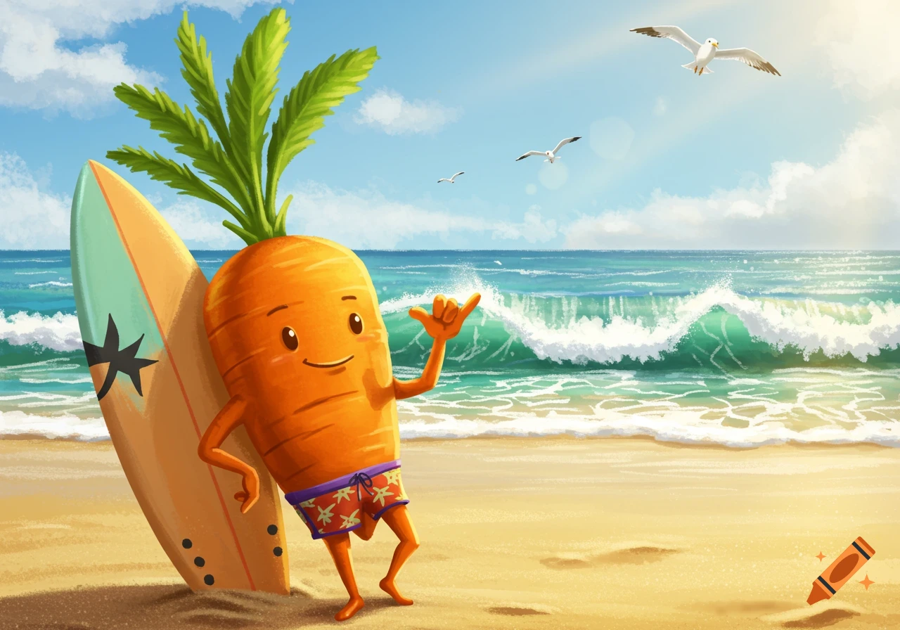 A smiling cartoon carrot in swim trunks leans on a surfboard at a sunny beach, making a surfer hand sign. Seagulls fly over ocean waves.