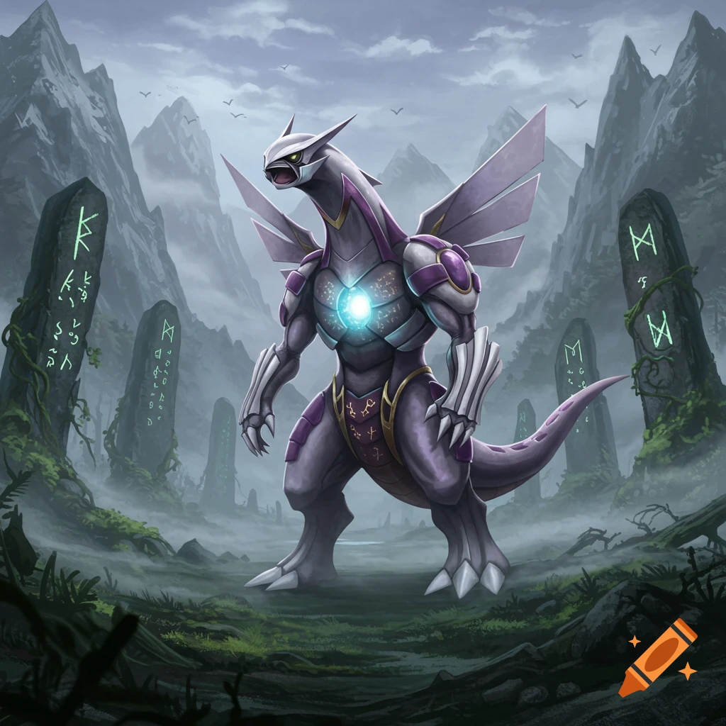 A purple and white Palkia-like creature with a glowing chest stands in a misty mountain landscape with runic monoliths.