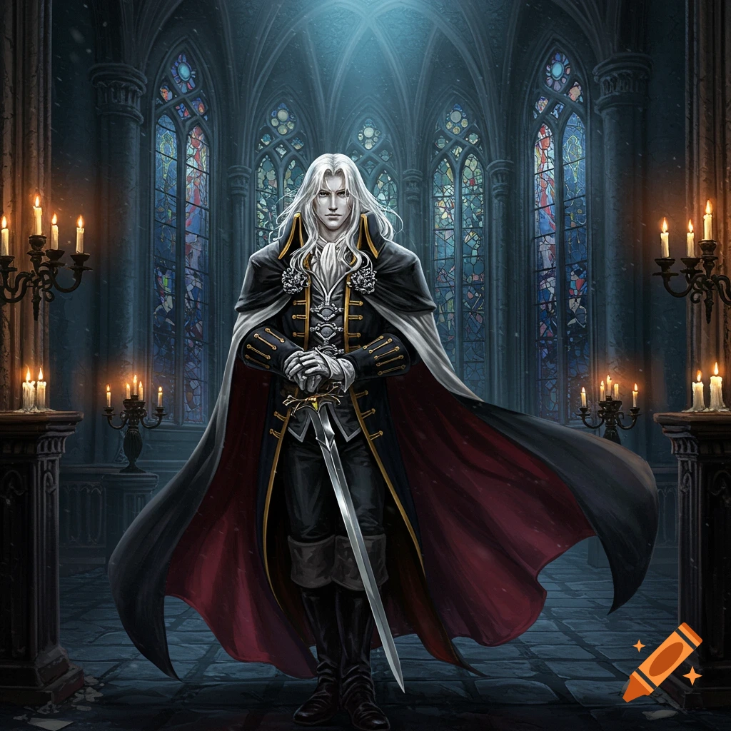 A man with long white hair in a black and red cape, holding a sword, stands in a gothic cathedral with stained glass windows.