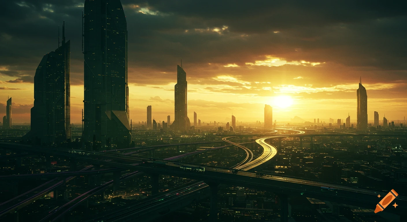 A dramatic golden sunset over a sprawling futuristic city with towering dark green skyscrapers and complex highway systems.