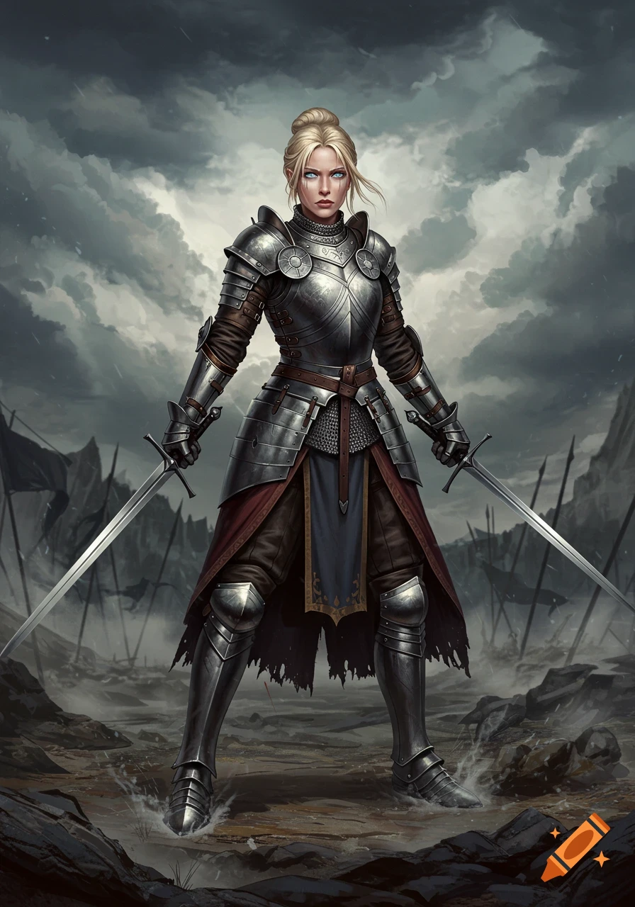 A blonde female knight in full plate armor, holding two longswords, stands in a stormy, desolate landscape.