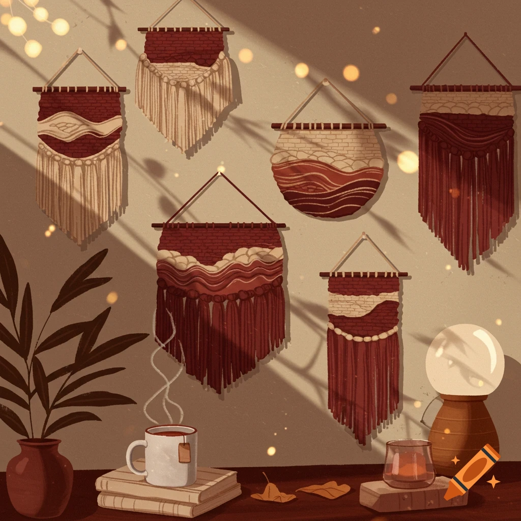 An illustration of a cozy room with six red and beige macrame wall hangings, a plant, books, a steaming teacup, a candle, and a lamp on a table, bathed in sunlight.