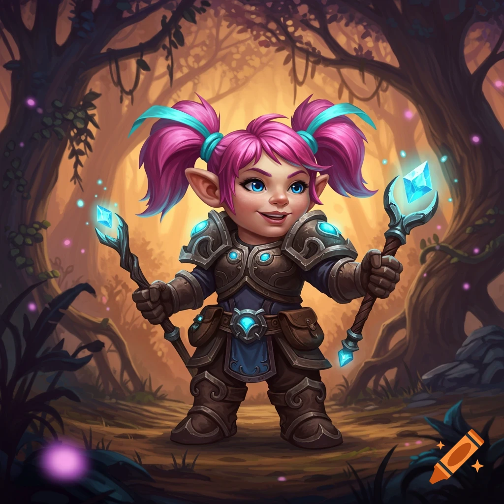 A cute armored female gnome with pink pigtails holding two glowing staffs in an enchanted forest, digital fantasy art.