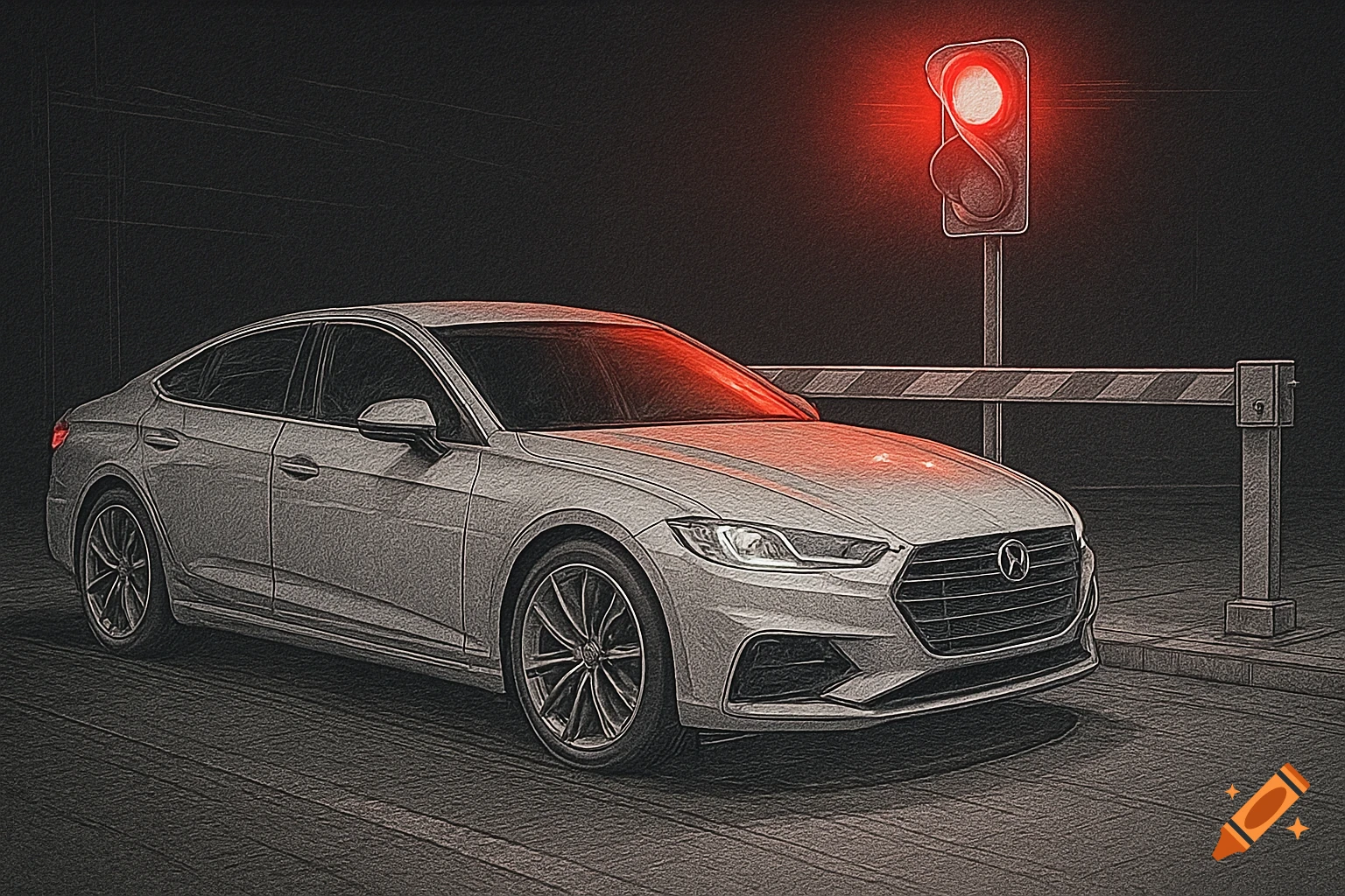 A grey car sits in front of a closed barrier with a red traffic light, rendered in a schematic drawing style.