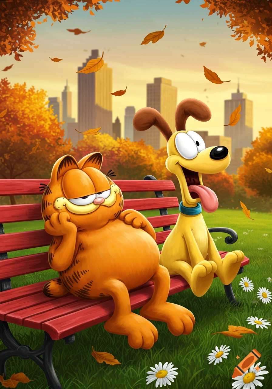 Cartoon Garfield and Odie sit on a red park bench amidst falling autumn leaves with a city skyline in the background.