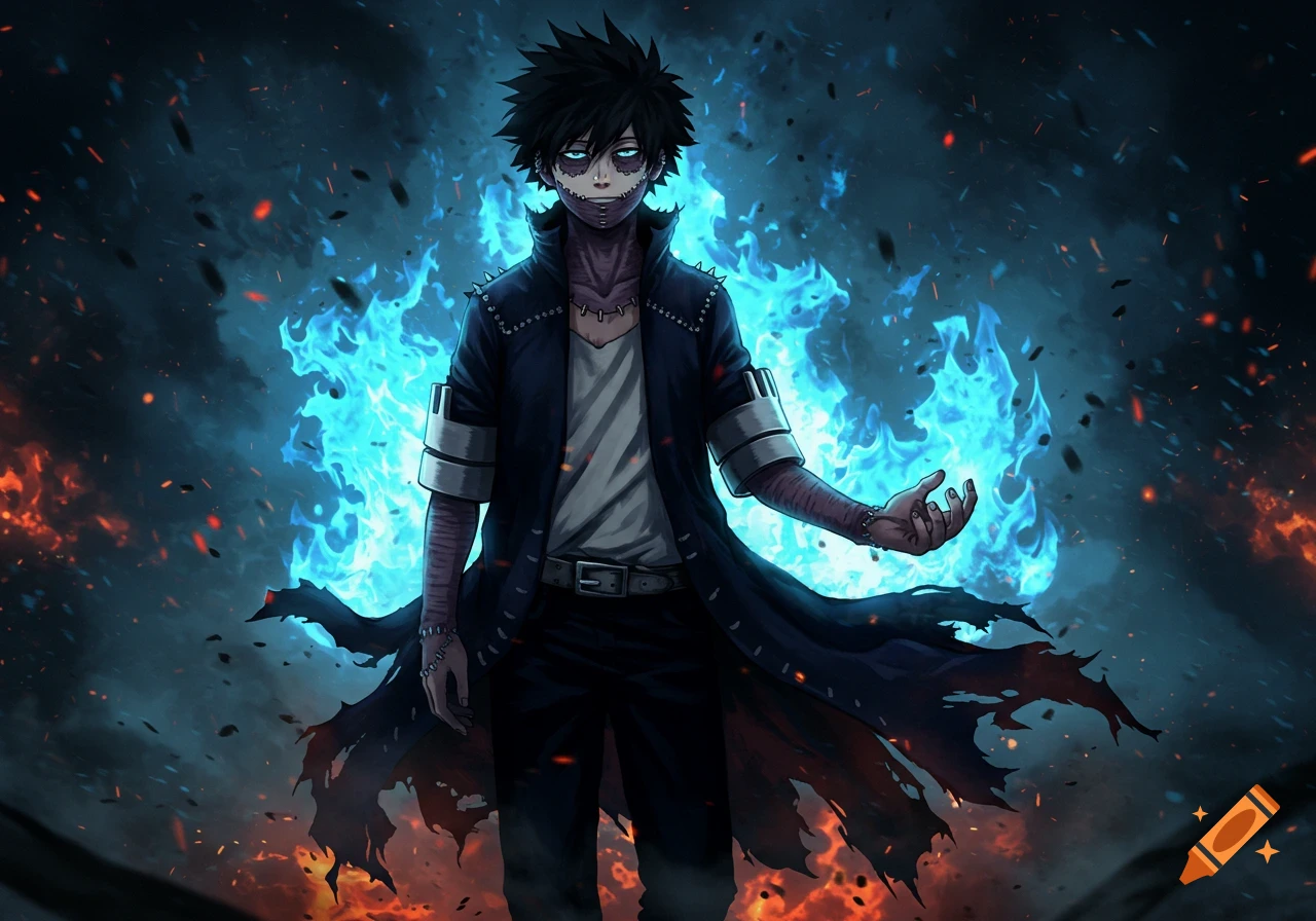 Dabi from My Hero Academia stands amidst swirling blue flames and orange embers against a dark, smokey background.