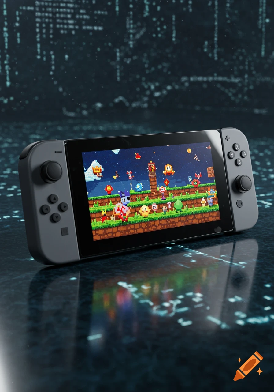A Nintendo Switch console displays a vibrant pixel art game on a reflective surface with a blurred digital background.