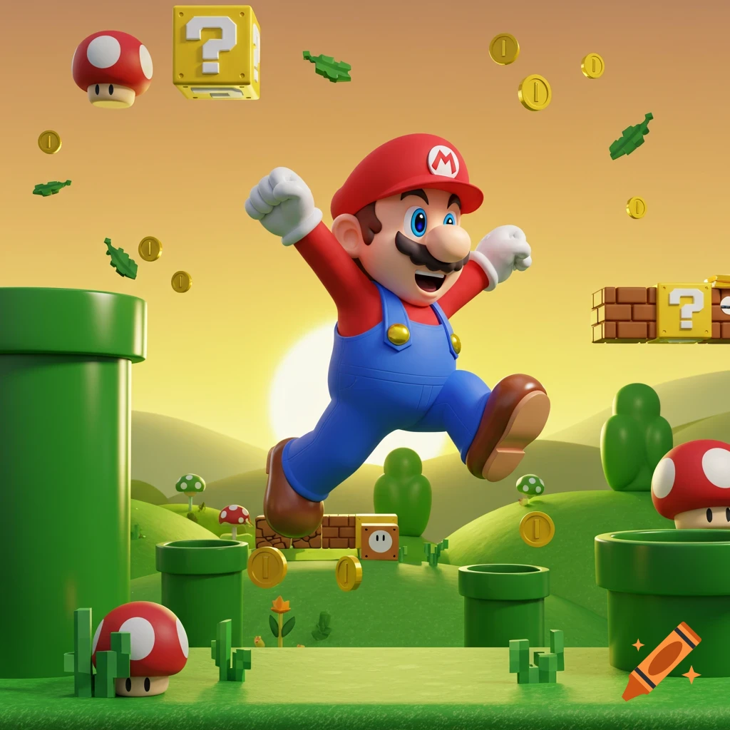 Mario jumping in a vibrant 3D rendered Super Mario Bros. landscape with coins, question blocks, pipes, and mushrooms against a sunset.