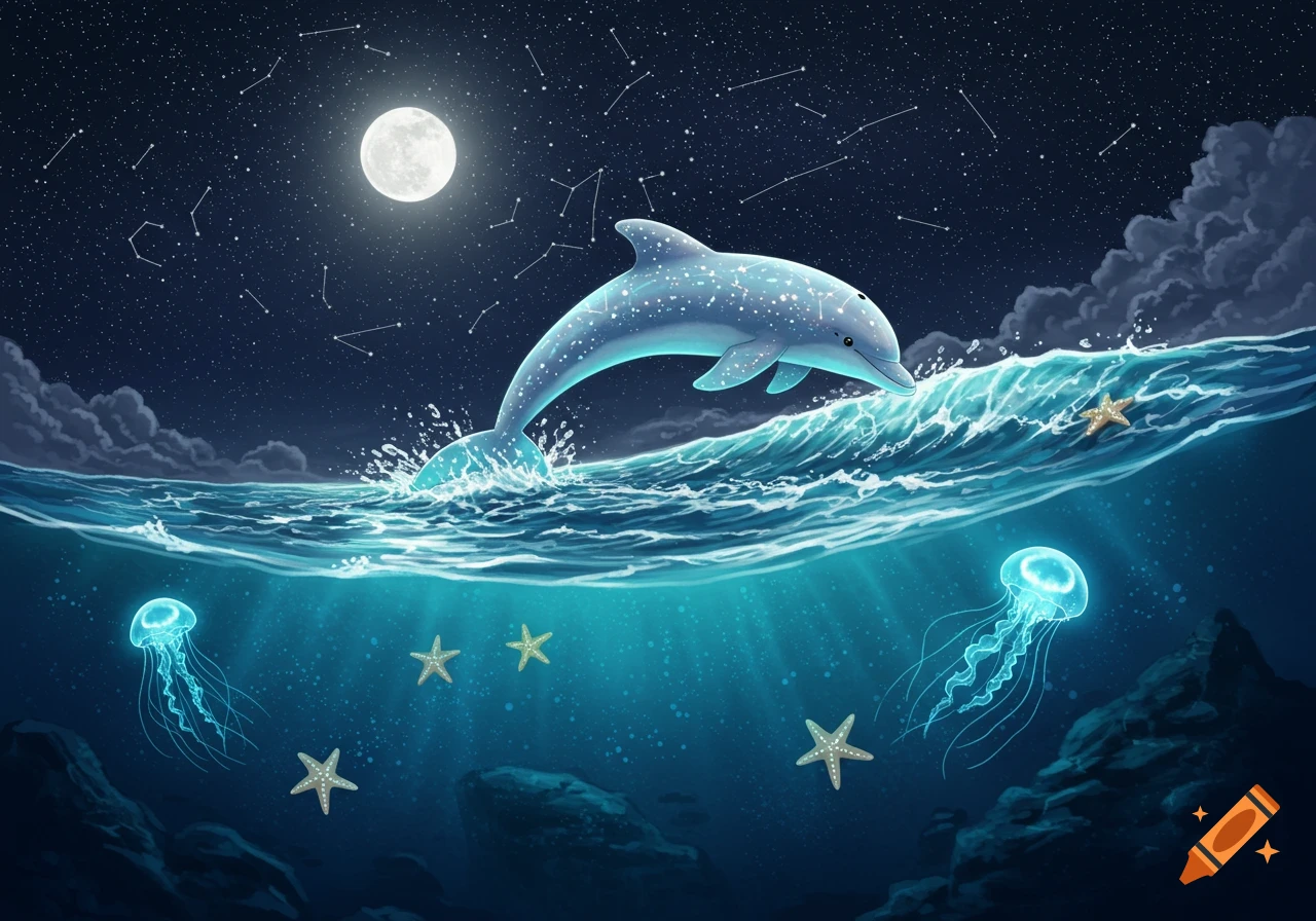 A sparkling dolphin leaps from a moonlit ocean, with constellations in the night sky and glowing jellyfish and starfish underwater.