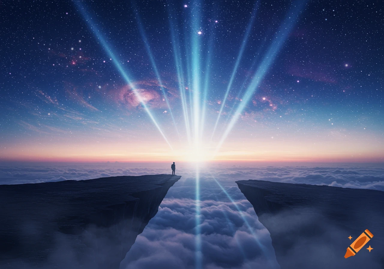 A solitary person on a cliff above clouds gazes at a bright light and rays ascending into a starry night sky with a distant galaxy.