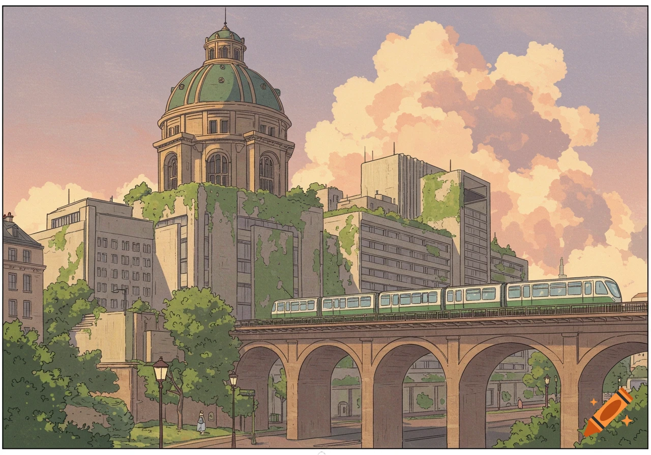 Anime-style cityscape with a large domed building, vine-covered buildings, a green metro train on an arched viaduct, and pastel clouds.