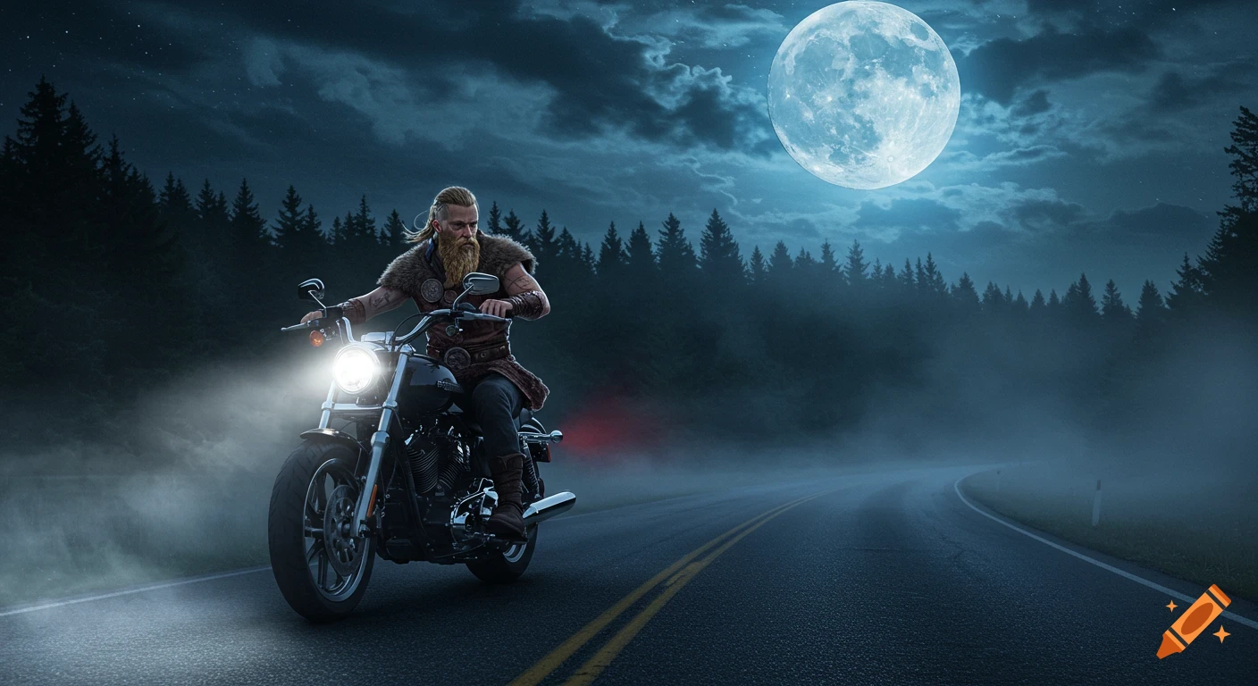 A rugged Nordic warrior with braided hair and a beard rides a Harley Davidson on a misty road at night under a full moon.