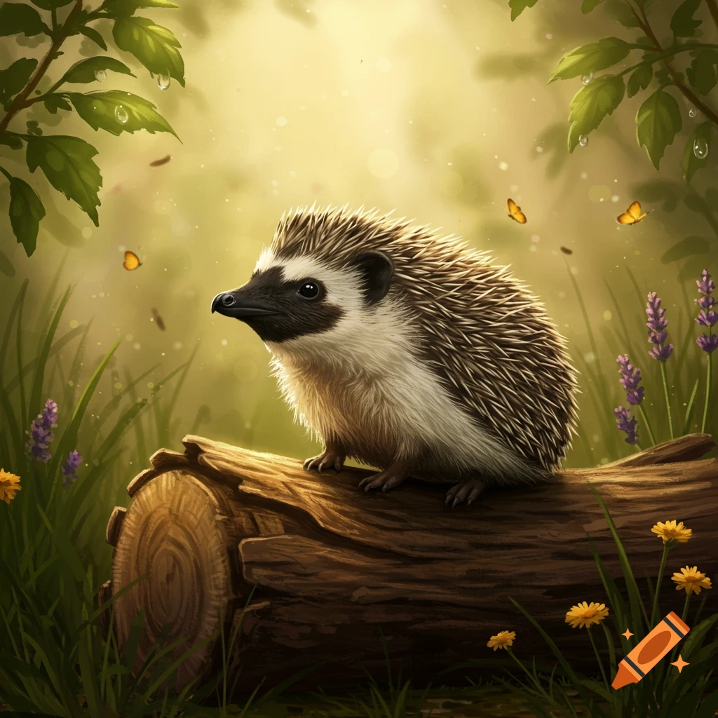 A cute hedgehog with a penguin's head sits on a log in a sunlit, ethereal forest surrounded by grass, flowers, and butterflies.