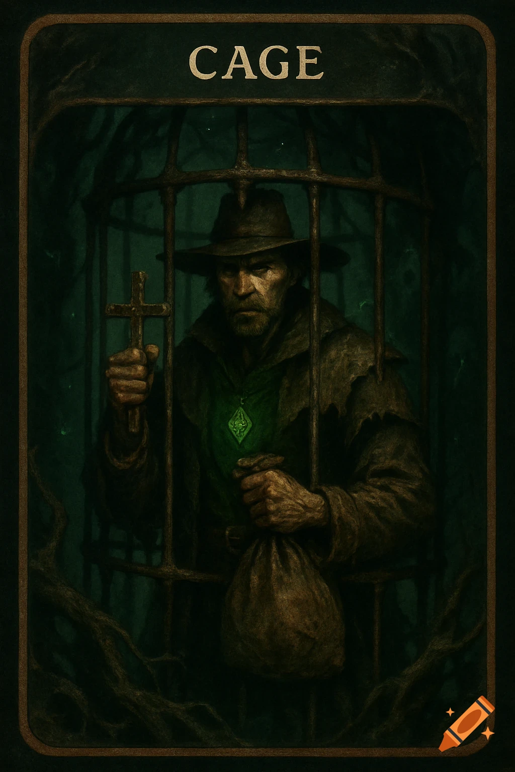 A grim witch hunter, holding a cross and a sack, trapped in a dark iron cage with a glowing green amulet, in dark fantasy game art style.