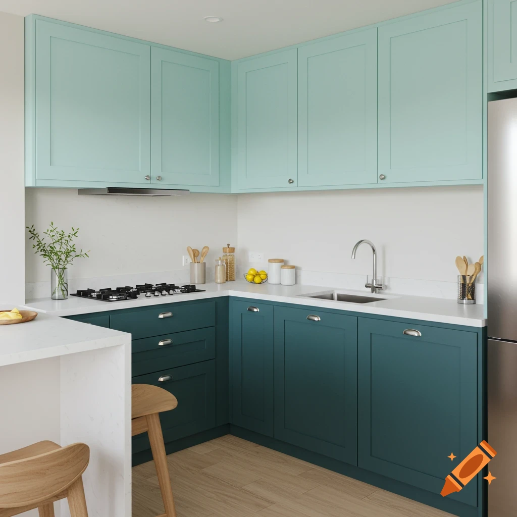 Modern kitchen with pastel aqua upper cabinets, teal lower cabinets, white countertops, a gas stove, and a sink.