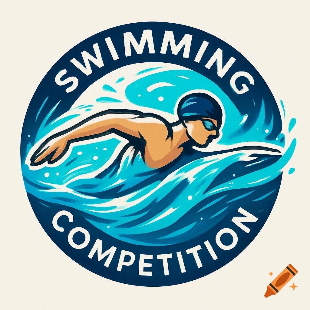 Stylized logo for a swimming competition featuring a swimmer in blue water with the text 'SWIMMING COMPETITION'.