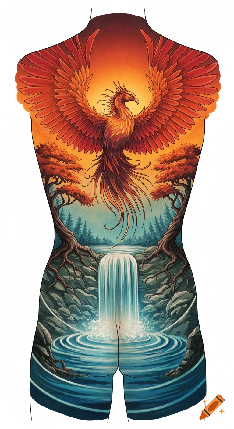A colorful phoenix with outstretched wings and flowing tail feathers hovers above a waterfall and two gnarled trees, designed as a full back tattoo.