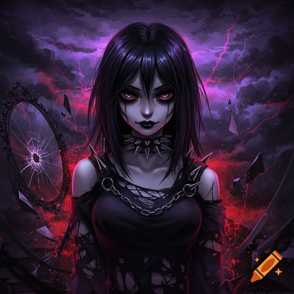 An anime-style goth girl with dark hair, glowing pink eyes, spiked choker, and torn clothes stands against a lightning-filled, dark background with a shattered mirror.