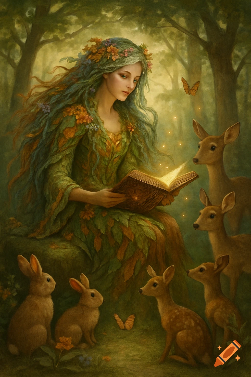 Digital painting of Mother Nature with leafy hair and dress, reading a glowing book to deer and rabbits in an enchanted forest.
