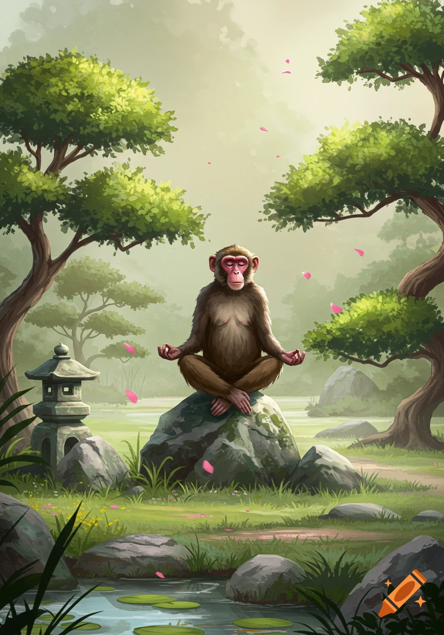 Stylized illustration of a brown monkey meditating on a mossy rock in a serene Japanese garden with a pond and pink petals.