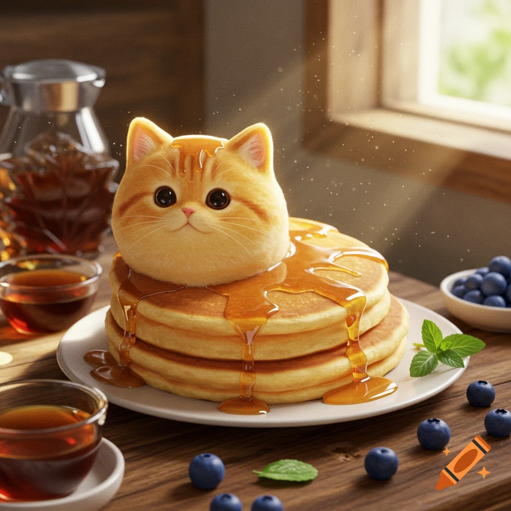 A cute ginger cat head sits on a stack of pancakes with maple syrup, blueberries, and tea on a wooden table.