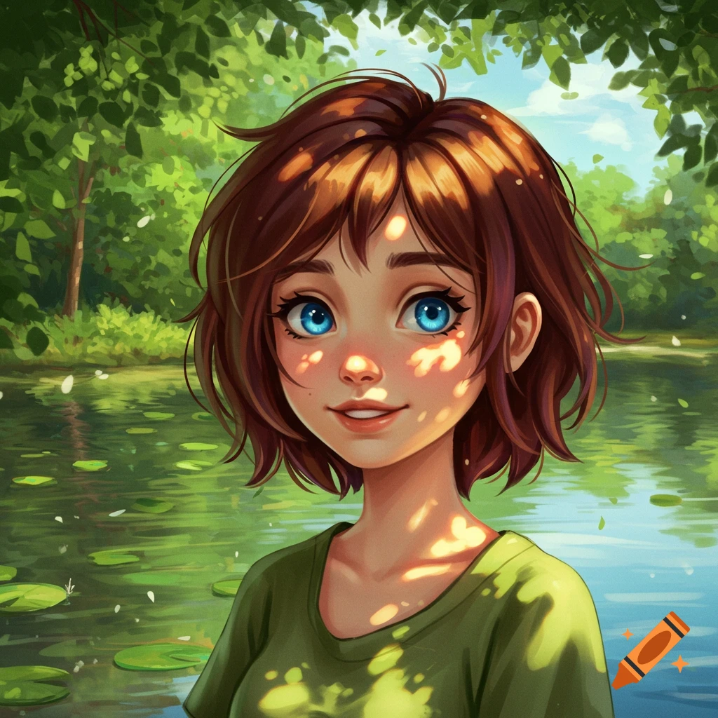 Anime-style portrait of a smiling girl with short brown hair and bright blue eyes, dappled sunlight on her face, by a lake with trees.