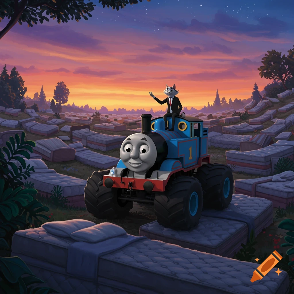 A cartoon gray cat in a suit rides Thomas the Tank Engine, modified as a monster truck, through a field of beds at sunset.