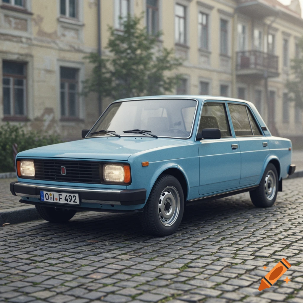 A light blue 80s eastern European sedan is parked on a cobblestone street in front of old buildings.