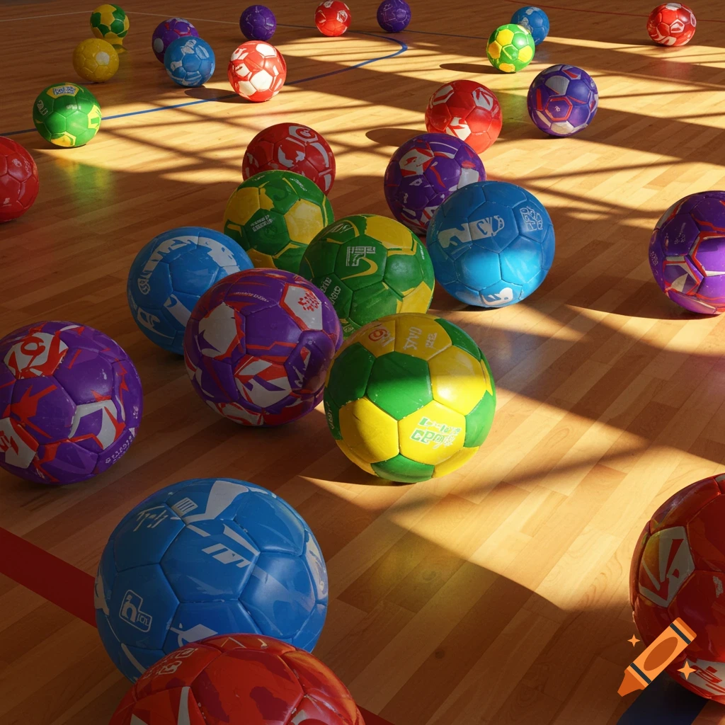 Colorful handball balls scattered across a polished wooden sports court, viewed from directly above.
