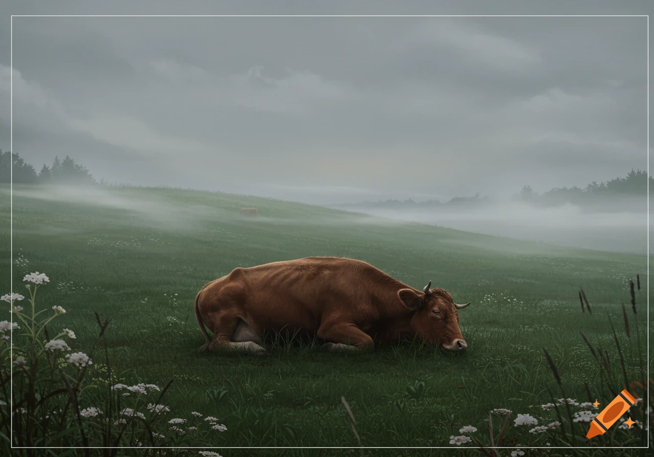 A brown cow lies in a misty green field with white wildflowers under a cloudy sky.