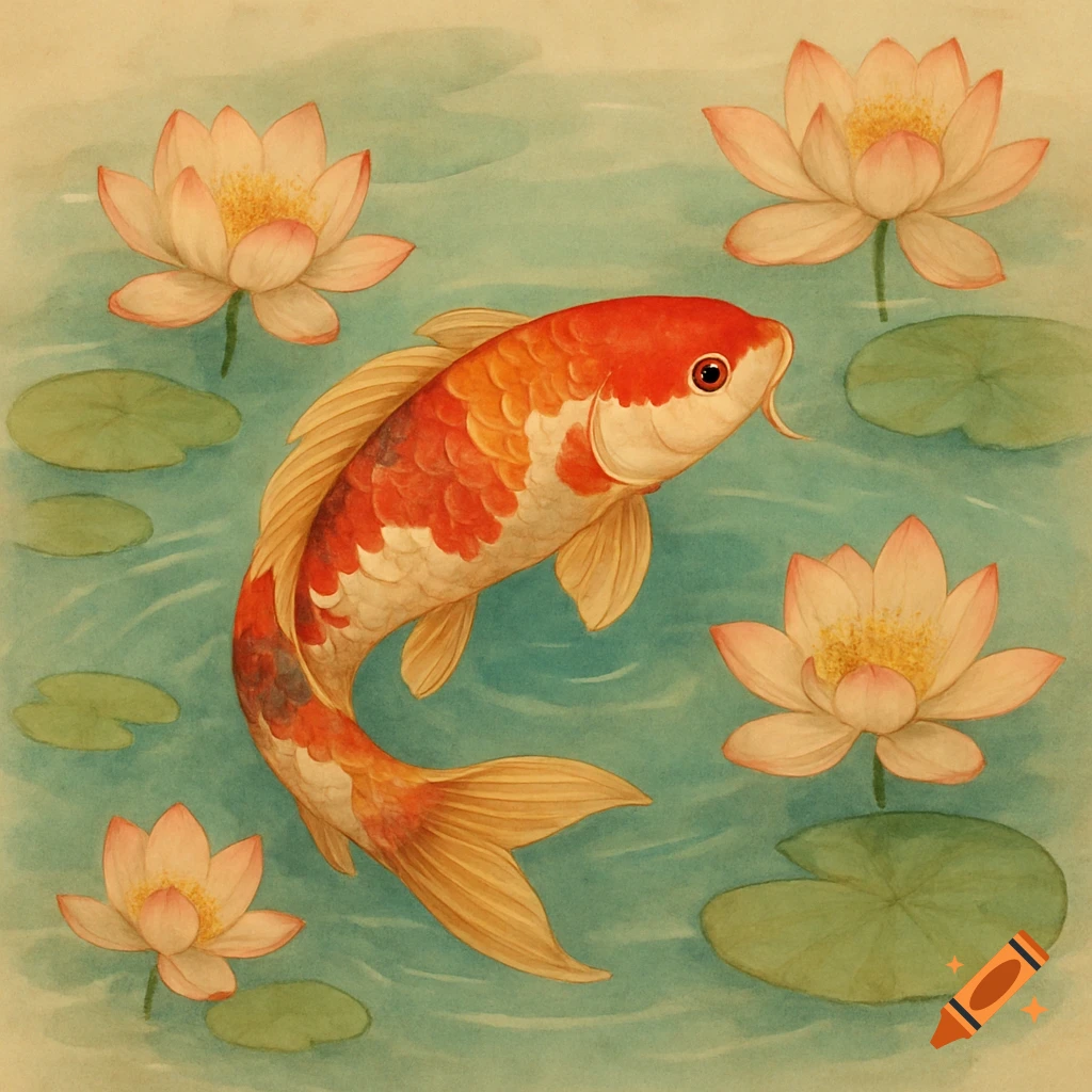 A vibrant orange and white koi fish swims among light pink lotus flowers and lily pads in a teal watercolor pond.