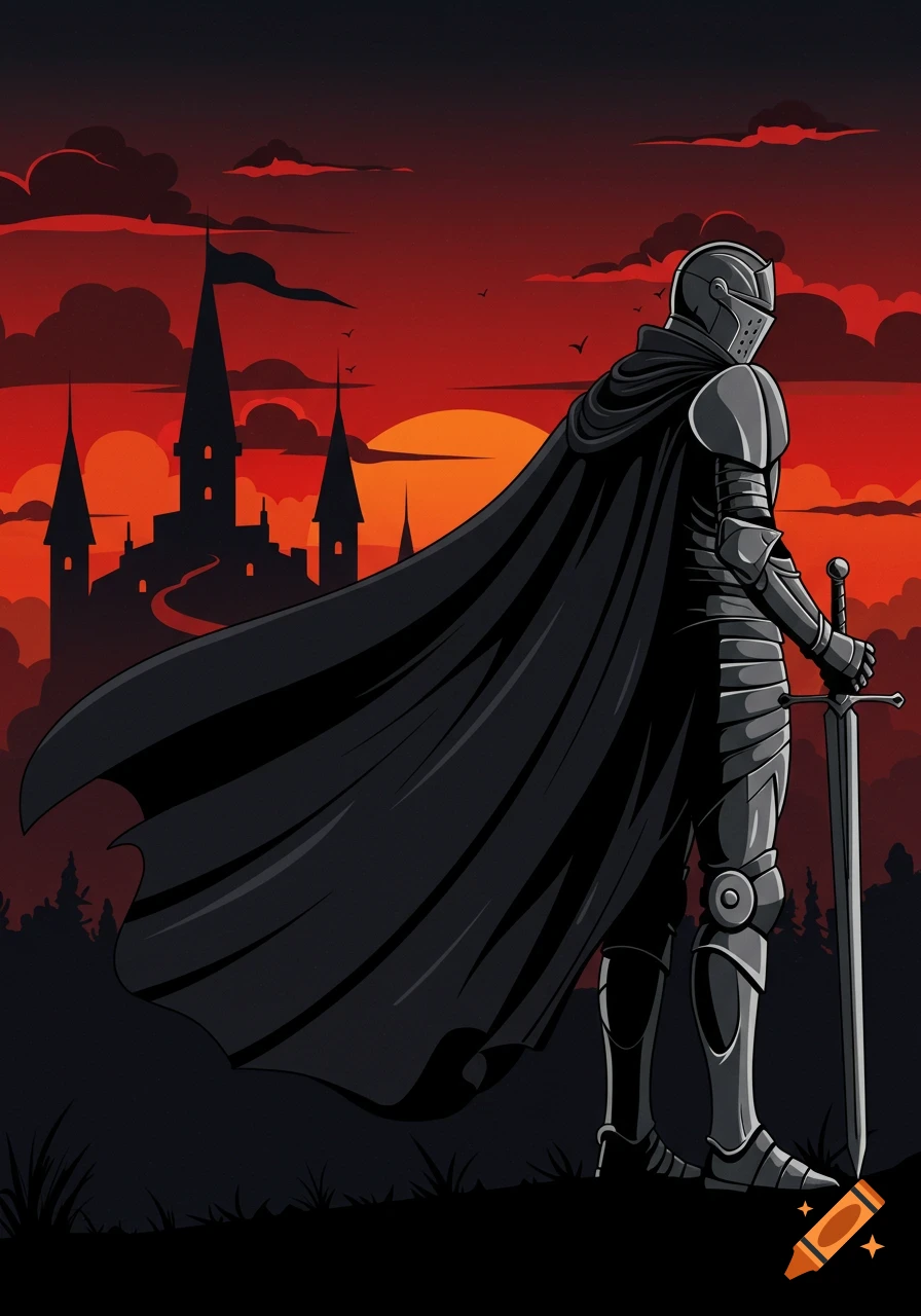 A knight in full armor and a long, dark cape stands holding a sword, silhouetted against a dramatic red and orange sunset over a castle.