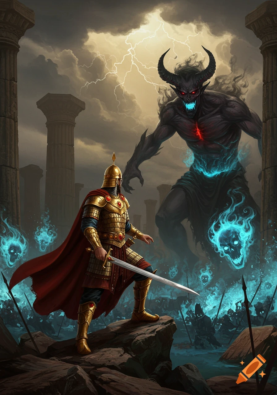 A golden-armored Iranian king battles a horned demon with glowing eyes and chest, surrounded by ruins and ghostly blue skulls under a stormy sky.
