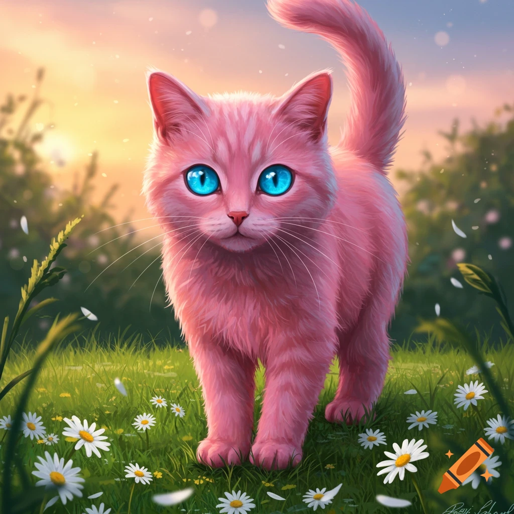 A vibrant pink cat with striking blue eyes stands in a lush green field filled with white daisies under a soft, glowing sunset sky, digital art.