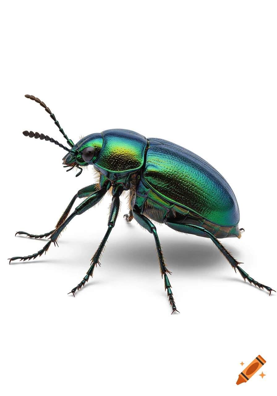 A photorealistic iridescent green and blue beetle stands on a white background, casting a soft shadow.