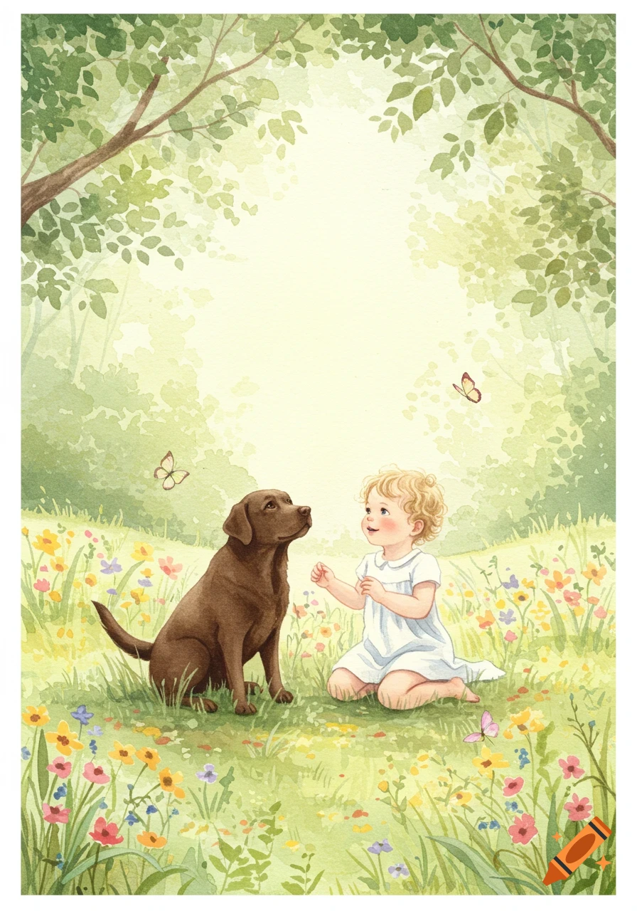 A watercolor illustration of a toddler and a chocolate Labrador sitting in a vibrant spring meadow with wildflowers and butterflies.