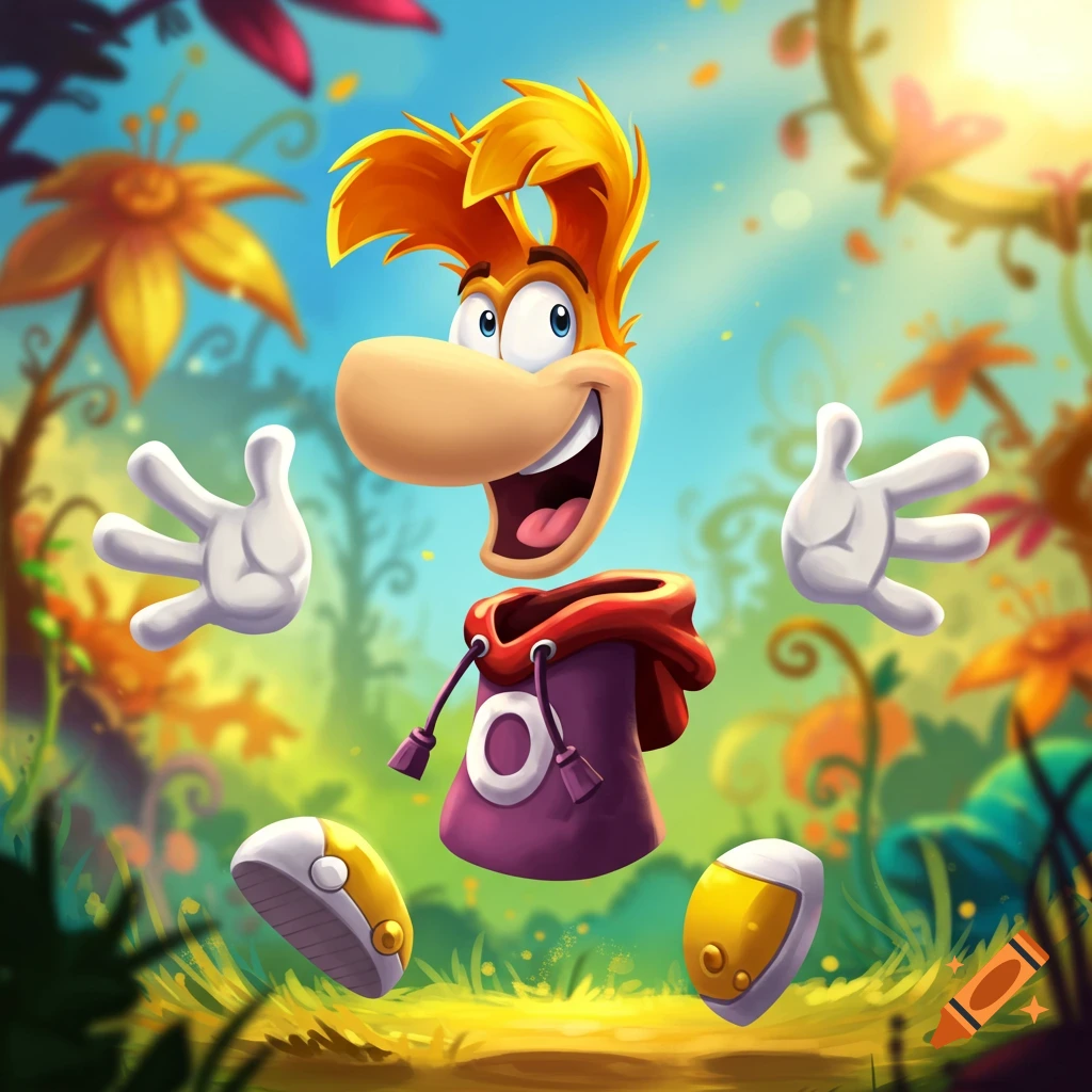 Cartoon character Rayman with orange hair, big nose, and separated limbs, smiles wide in a vibrant fantasy jungle.